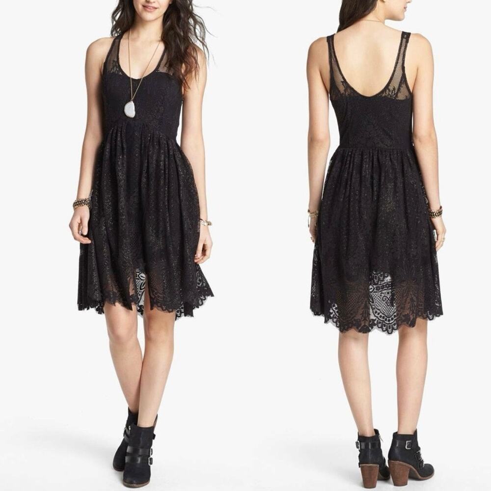 Free People Black Lace Salinas Foil Dress Whimsygoth Dark Fairy Size 2